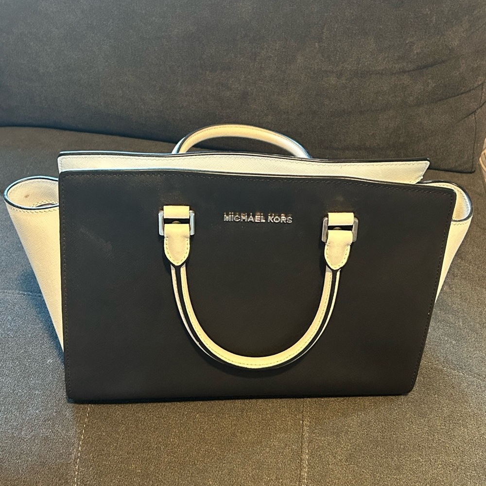 Michael Kors Black and Cream Leather Satchel with Top Handles